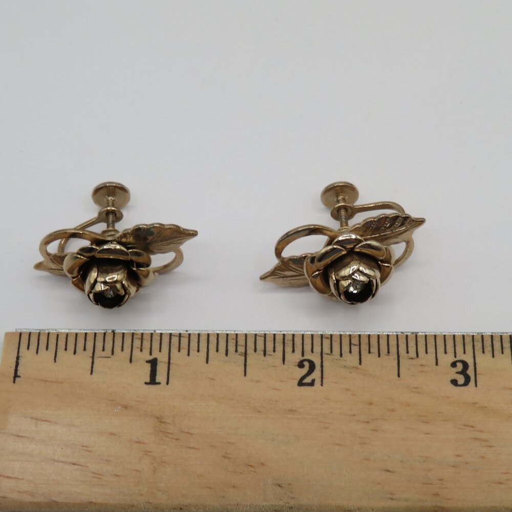 Vintage Rose Rhinestone Accent Gold Tone Screw Back Earrings - Picture 7 of 7